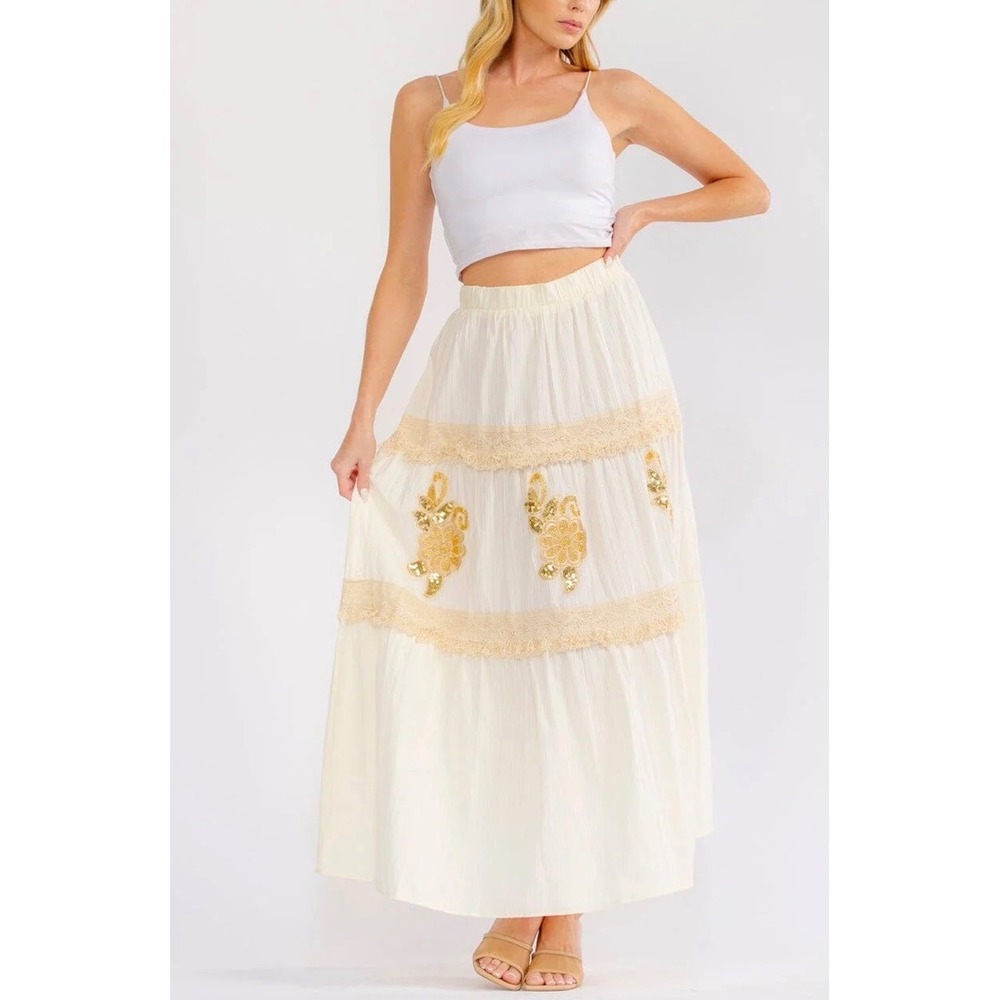 Embroidered Sz L Gold Floral Sequin Tiered Maxi Skirt Womens Beachy Gauzy Boho
